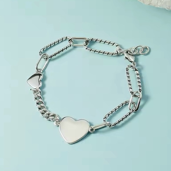 Heart Sterling Silver Link Chain Bracelet 7” - Picture 1 of 5
